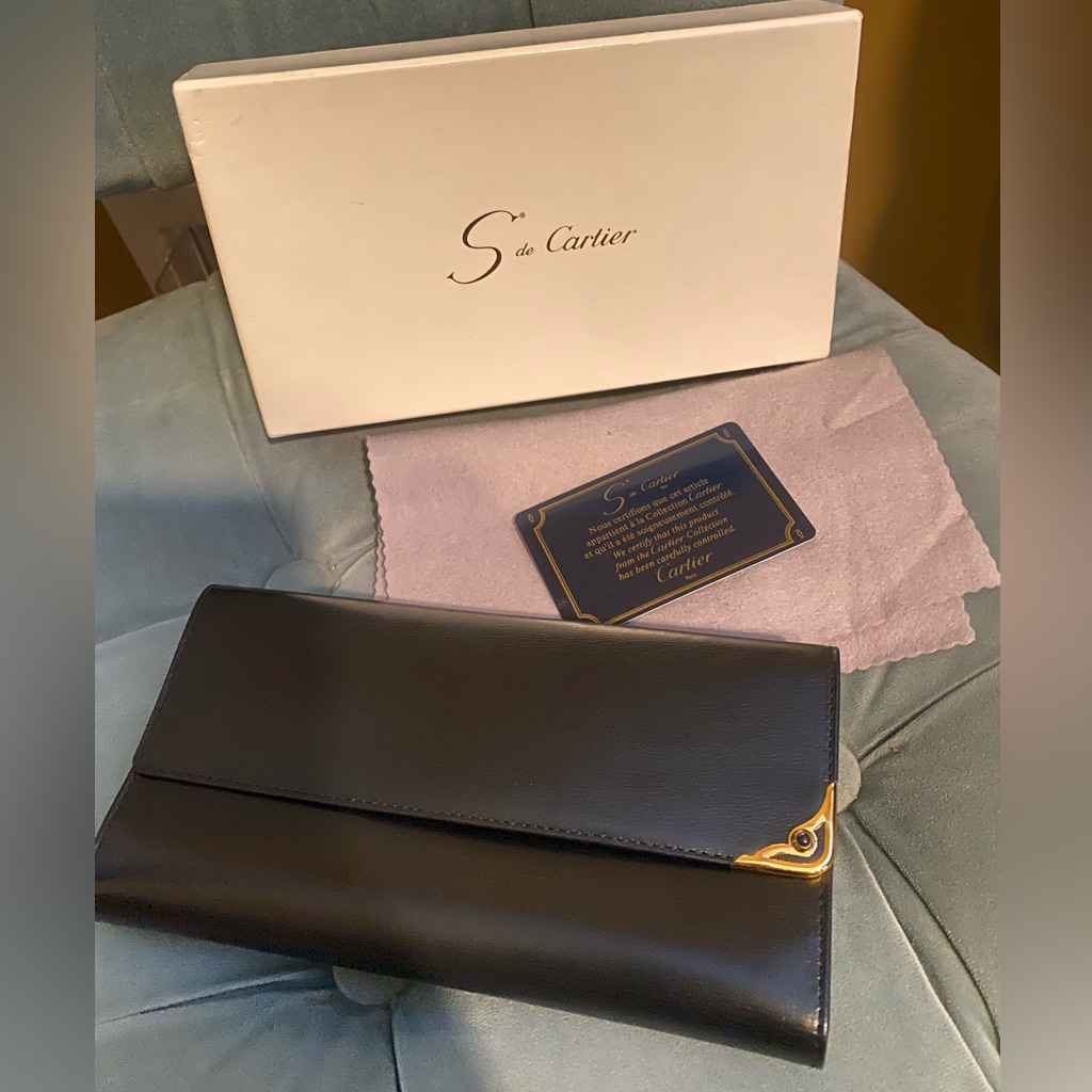 Vintage Cartier Sapphire Black Leather Long Wallet With 24k Gold Hardware